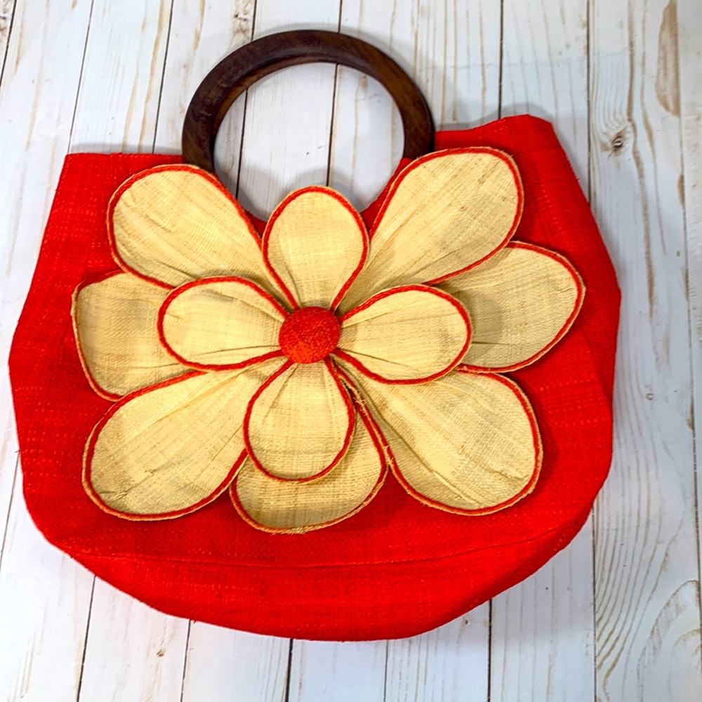 Mar y sol straw handbag with wood handles orange - Picture 4 of 5